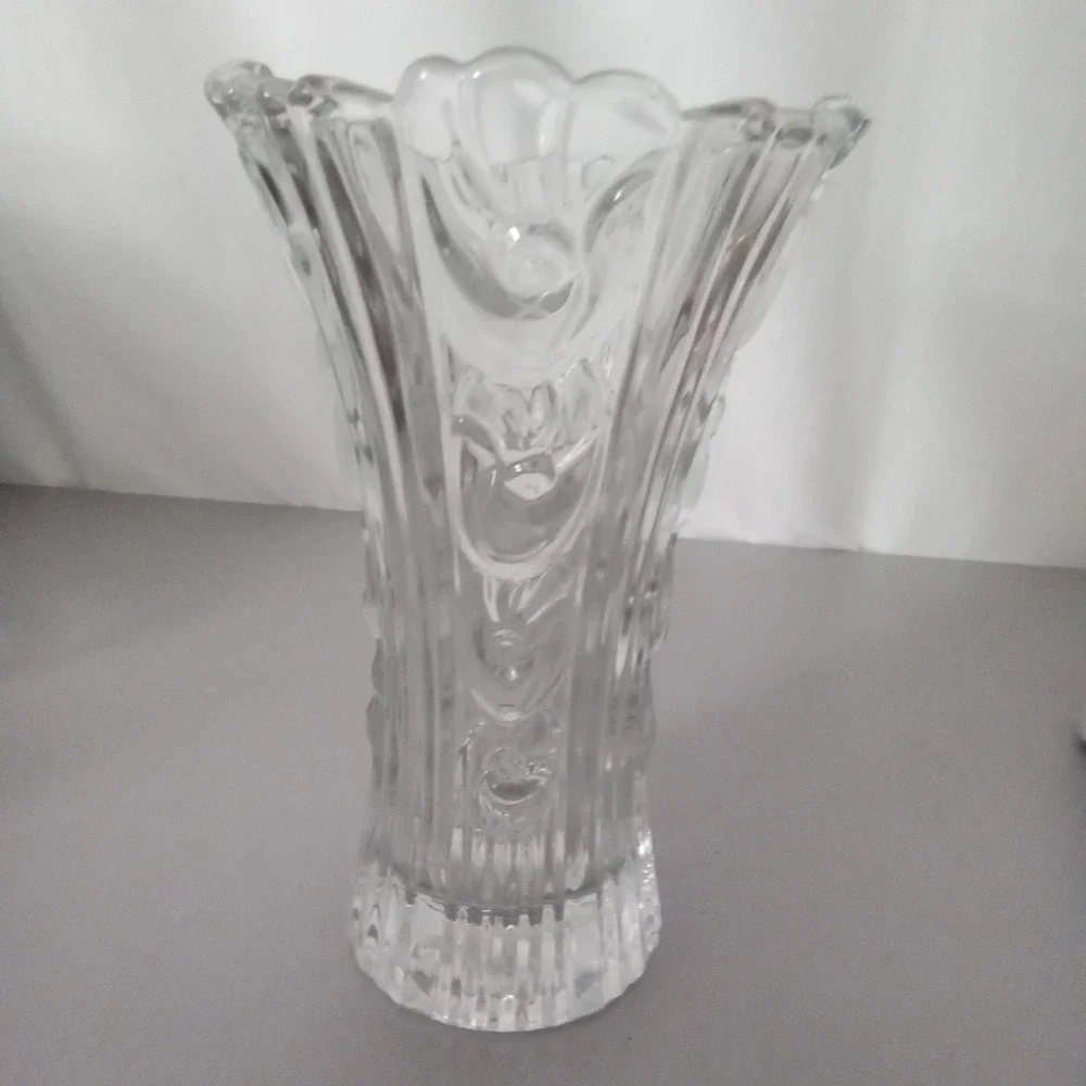 Vintage Clear Pressed Glass Scalloped Flared Vase Ornate Scroll Ribbed 8.5 Inch